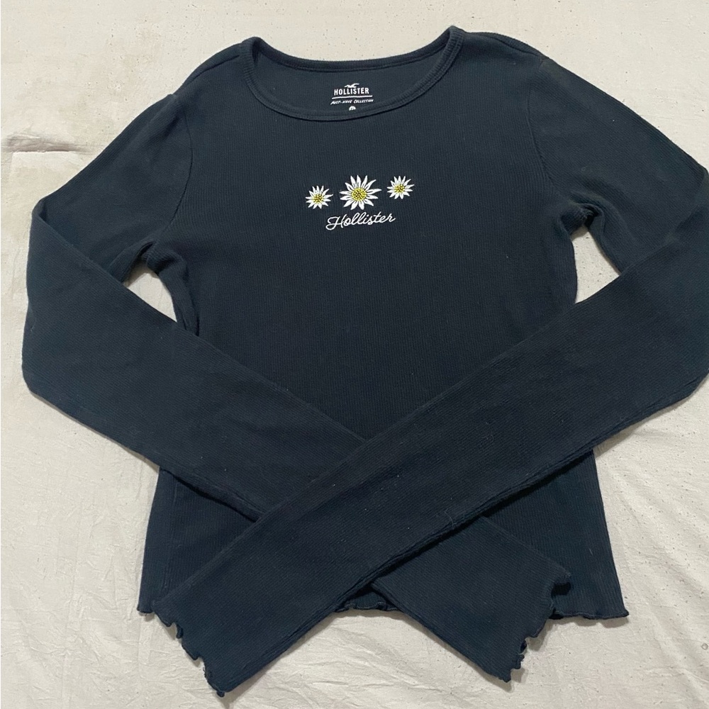 Hollister Black Ribbed Long Sleeve Top with Daisy Motif